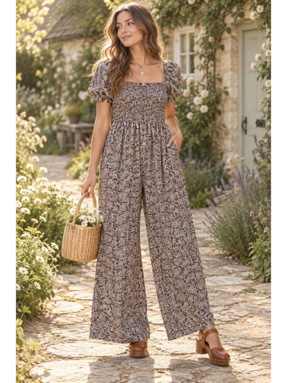 Jodifl Women's S Brown Ivory Floral Smocked Puff Sleeve Wide Leg Jumpsuit Boho